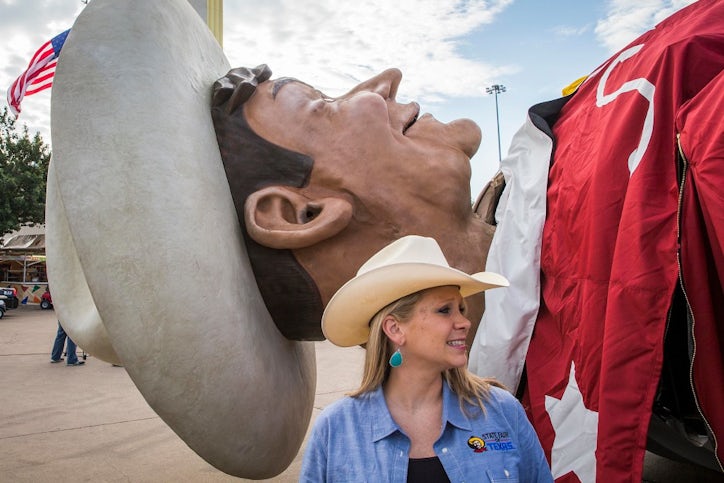 State Fair Of Texas Vice President Public Relations Karissa Condoianis Stands Next To Big Tex Before Workers Raised Him Into Position In Park On State Fair Of Texas Vice President Public Relations Karissa Condoianis Stands Next To Big Tex Before Workers Raised Him Into Position In Park On