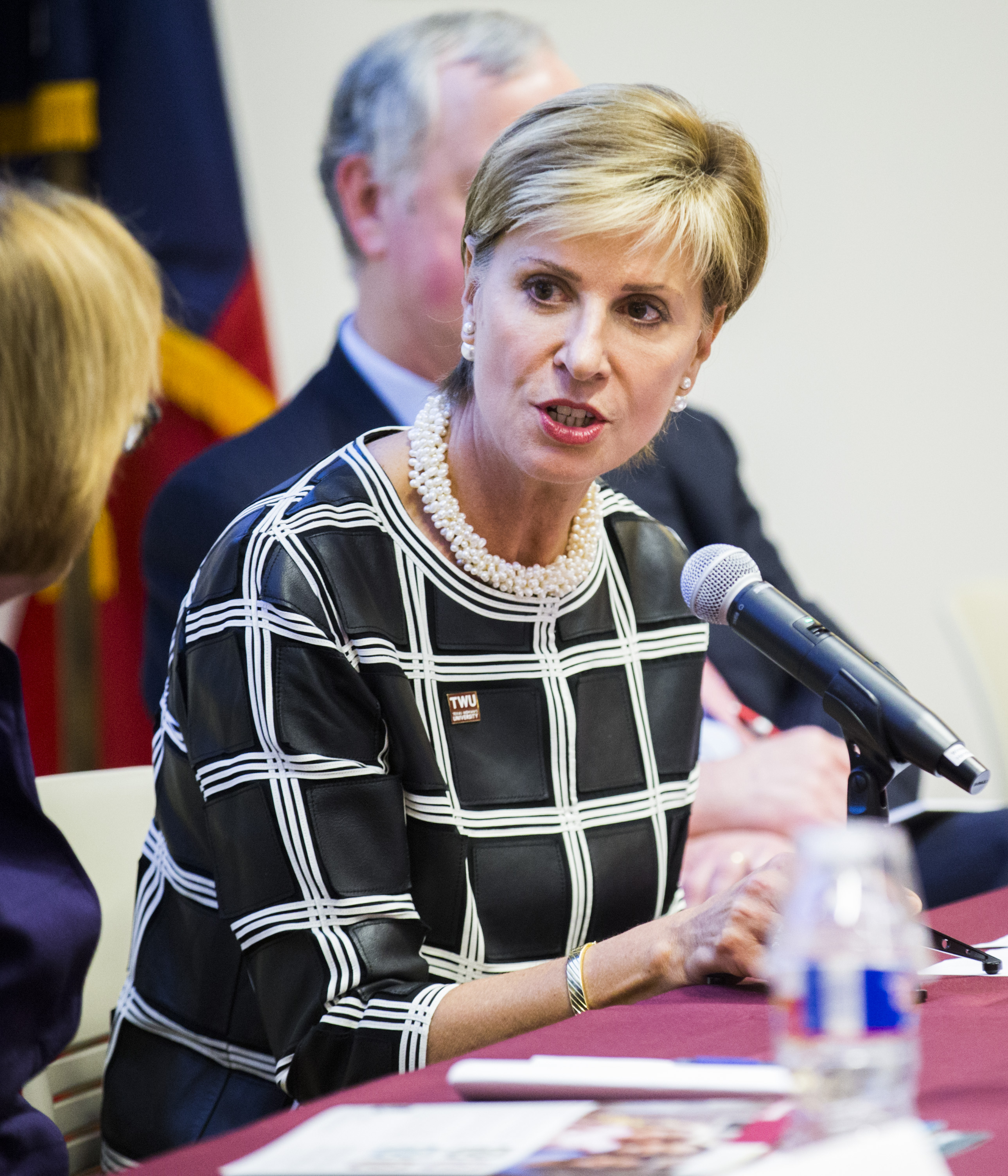 Carine Feyten, chancellor and president of Texas Woman's University, speaks on a panel as the Dallas Women's Foundation presents its Economic Issues for Women in Texas 2017 study. (Ashley Landis/Staff Photographer)