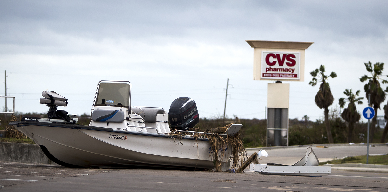 A boat sits in a gas station parking lot Sunday after Hurricane Harvey had passed through Port Aransas.(Nick Wagner/Austin American-Statesman)