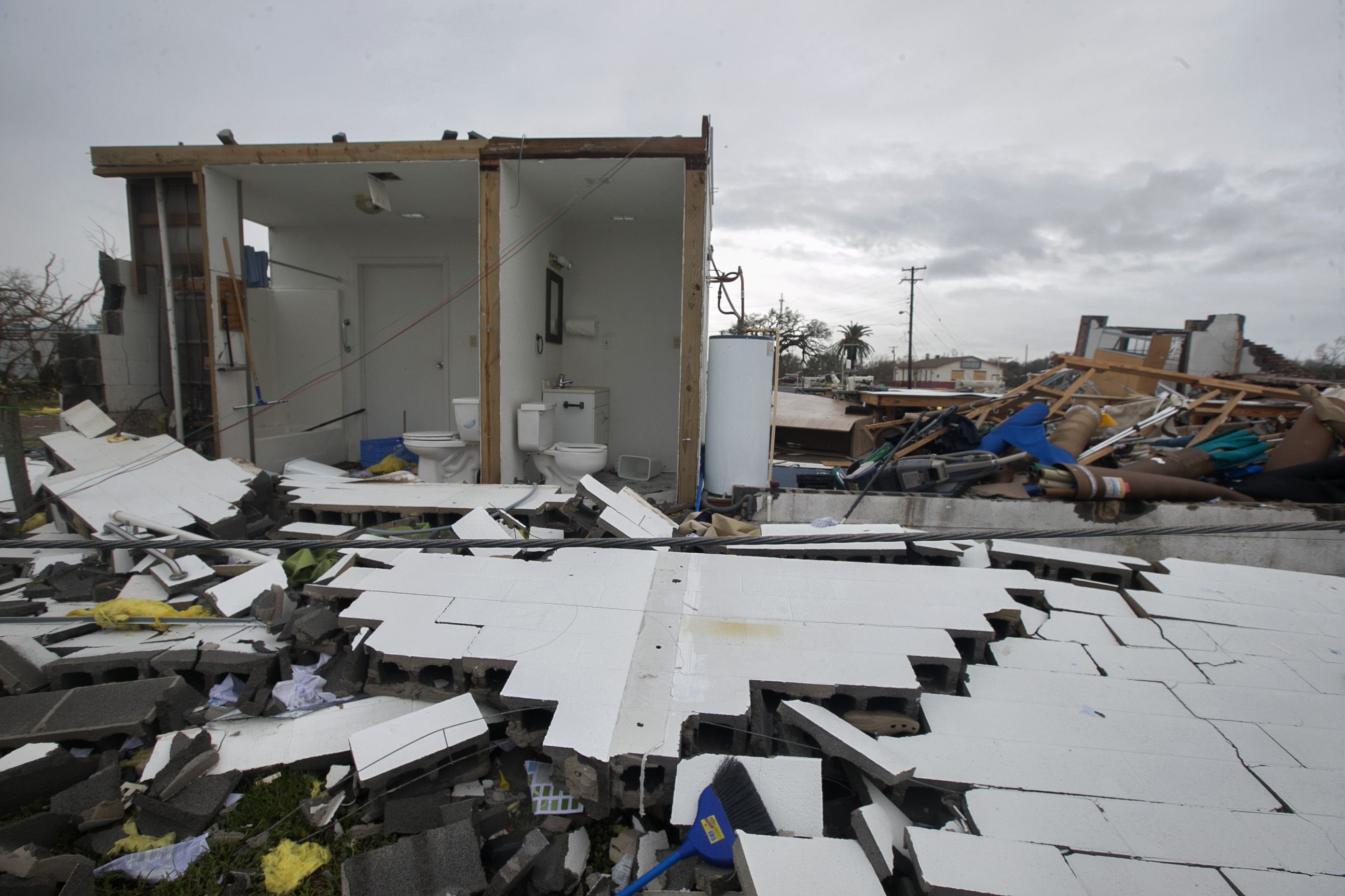 The restrooms were left exposed Sunday in one of the buildings destroyed by Hurricane Harvey in Rockport.&nbsp;(Nathan Hunsinger/Staff Photographer)
