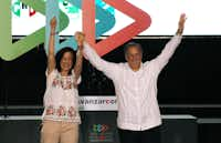 Presidential candidate Jose Antonio Meade of the Institutional Revolutionary Party (PRI), and his wife, Juana Cuevas, during a campaign rally in Merida, Mexico, on Sunday.&nbsp;(Israel Leal/The Associated Press)