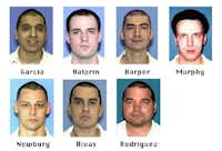 Prison inmates Joseph C. Garcia, Randy  Ethan Halprin, Larry James Harper, Patrick Henry Murphy Jr., Donald Keith Newbury, George Rivas, and Michael Anthony Rodriguez, in these undated Texas prison handout photos, escaped Wednesday, Dec. 13, 2000, from the prison near Kenedy, They killed Irving Police Officer Aubrey Hawkins, 29, during a sporting goods store robbery. These photos were released before the men were captured.(AP)
