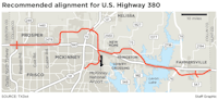 The alignment unveiled Monday by the Texas Department of Transportation calls for the widening of the existing U.S. Highway 380 in some portions of Collin County and the addition of bypasses in other portions.(Laurie Joseph/The Dallas Morning News)