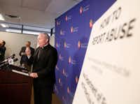 Dallas Bishop Edward Burns speaks during a press conference at the Catholic Diocese of Dallas in Dallas on Thursday, Jan. 31, 2019. The Dallas diocese released a list of 31 clergy credibly accused of sexual abuse of a minor from 1950 to present.&nbsp;(Rose Baca/Staff Photographer)